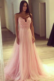 Spaghetti Straps Long A-Line Pink Lace Tulle Elegant Prom Dresses PYTQKFF6