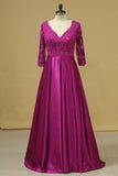 2024 Plus Size V Neck A Line Mother Of The Bride Dresses Satin With Applique & Beads 3/4 Length PDZK3MQL