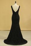 2024 Black Lace Evening Dresses V Neck Open Back Sweep Train Sheath Size PC5BB5L4