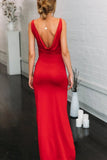 Simple Spaghetti Straps Red Mermaid V Neck Prom Dress with High Slit, Open Back Dance Dress STF15401