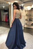 Modest Beading Blue Long A-Line Elegant Satin Prom Dresses P1JC4KXJ