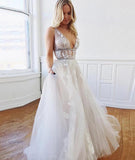 A Line Deep V-Neck Backless White Tulle Prom Dress With Appliques, Evening Dresses STF14997