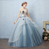 Blue Ball Gown Floor Length Sheer Neck Sleeveless Lace Up Floral Prom Dresses
