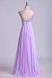 2024 Exquisite Straps A Line Chiffon Prom Dresses Beaded And Ruffled Floor P4G248D8