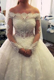2024 Ball Gown Boat Neck Tulle With Applique And Beads Long Sleeves P9ZQ1HLR