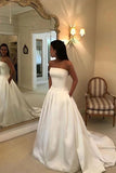 Charming A Line Satin Strapless Wedding Dresses with Pockets, Long Bridal Dresses STF15091