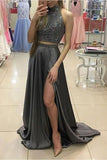Two Pieces Gray Beading Long A-Line Front Split Elegant Prom Dresses PHA1MJ6T