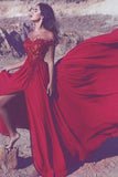 Red Party Dresses Off Shoulder Sweetheart Prom Dresses with Split Side