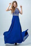 2024 Halter A-Line/Princess Prom Dresses Tulle And Chiffon Dark Royal Blue Sweep PQXFC978