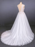 A Line Straps V Neck Lace Appliques Tulle Wedding Dresses Long Wedding Gowns STF15034