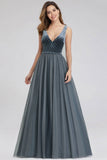 A-Line V-Neck Sleeveless Blue Floor-length Evening Dress Cheap Prom Dresses STF15055