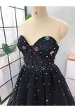 Elegant A Line Sweetheart Strapless Black Tulle Prom Dresses With STFPT11F6GE