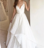 A line V Neck Spaghetti Straps Prom Dresses with Ruffles Long Wedding Dresses