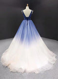 Ball Gown Ombre V Neck Tulle Royal Blue Long Prom Dresses, Quinceanera Dresses STF15067