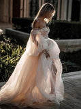 Princess Long Puff Sleeves Off the Shoulder Tulle Wedding Dresses, Beach Wedding Gowns STF15298