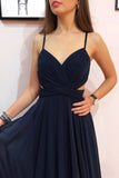 Simple Dark Blue Chiffon Long Prom Dresses Cut Out Sexy Evening Dresses