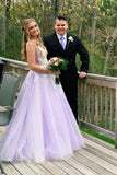 A Line Lilac Appliques V Neck Long Prom Dresses, Long Prom Formal Gowns STF15004