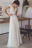 Unique V Neck Cap Sleeves Chiffon Beach Wedding Dress With Beading STFPGG9HAF7