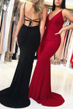 Simple V Neck Mermaid Backless Black Spaghetti Straps Prom Dresses Long Party Dress STF15403