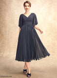 the Dress Mother of the Bride Dresses V-neck Chiffon A-Line Tea-Length Mother Catalina With Bride Pleated of