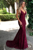 Burgundy Trumpet Court Train Deep V Neck Sleeveless Backless Lace Prom Dresses