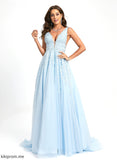 Micah With Tulle Sweep Prom Dresses Ball-Gown/Princess Train Beading V-neck Lace