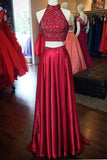 Red A Line Two Piece Floor Length Halter Side Slit Beading Long Prom Dresses