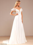 Wedding Trudie Beading V-neck Pockets Lace Chiffon Court With Sequins A-Line Wedding Dresses Lace Train Feather Dress
