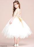 Dress A-Line (Detachable Bridget Flower Girl Dresses Girl sash) Flower Scoop Sash/Back With Sleeveless - Tulle/Lace Neck Hole Tea-length