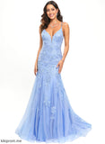 Train V-neck Sweep Trumpet/Mermaid Amiya Lace Tulle Sequins Prom Dresses With