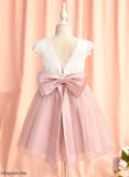 Neck A-Line Jessica Sleeves Short Tulle Girl Knee-length Flower Girl Dresses - Lace/Bow(s) Flower Dress With Scoop
