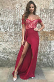 Red A Line Floor Length Off Shoulder Side Slit Long Prom Dresses