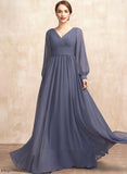 the Dress Chiffon Floor-Length Patience V-neck Bride of With Ruffle A-Line Mother of the Bride Dresses Mother
