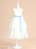 Neck Dress With Girl Scoop A-Line Sleeveless - Sash/Beading/Bow(s) Flower Girl Dresses Keely Tea-length Flower Satin/Tulle