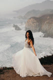 Elegant Spaghetti Straps V Neck Chiffon Backless Beach Wedding Dresses Bridal Gowns STF14976