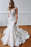 Stunning Mermaid Lace V Neck Backless Wedding Dresses Straps Wedding Gowns STF15438