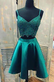 Teal Two Piece Satin Homecoming Dresses With Lace Spaghetti Strap PAN3TXS7