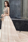 Unique V Neck Tulle Lace Long Prom Dress Tulle V Back Evening Dress PJJQQ744