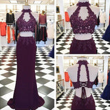 Beading Appliques Halter Stretch Satin Two Pieces Prom Dresses 2024