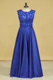 2024 Plus Size A Line Prom Dresses Scoop Dark Royal Blue Satin Cap Sleeves PXZZKEGF