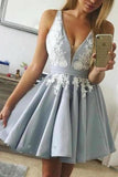 Cute V Neck Short Prom Dress White Satin Homecoming Dress PS8T2D44
