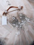 A Line Spaghetti Straps Tulle Beads V Neck Prom Dresses, Hand Made Flowers Wedding Dress STF15031