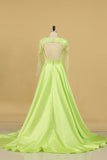 2024 Prom Dresses Scoop Long Sleeves A Line Satin With Applique PM4A8PCG