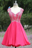 2024 Open Back Hot Pink Short V-Neck Beading Satin Sleeveless Cute Homecoming Dresses