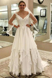 Ivory Lace Chiffon Long V-Neck Elegant Wedding Dresses Modest P65NHSCC