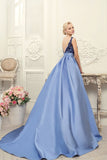2024 Scoop Blue A-Line Appliques Satin Backless Sleeveless Quinceanera Dress Prom Dresses