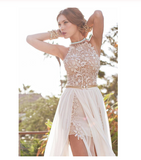 2024 Sexy Lace Backless Long Chiffon High Neckline Halter Side Slit Prom Dress