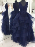 2024 Custom Made Navy Blue Appliques Beaded V-Neck High Quality Prom Dresses