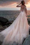 A Line Pink Long Sleeves Round Neck Tulle Wedding Dresses with Appliques, Wedding Gowns STF15012