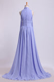 High Neck Prom Dresses Pleated Bodice A-Line Chiffon Sweep STFPQS3MK7G